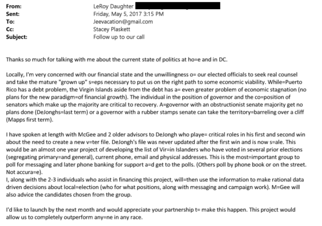 Email from Stacey Plaskett, who was using a pseudonym, to Jeffrey Epstein